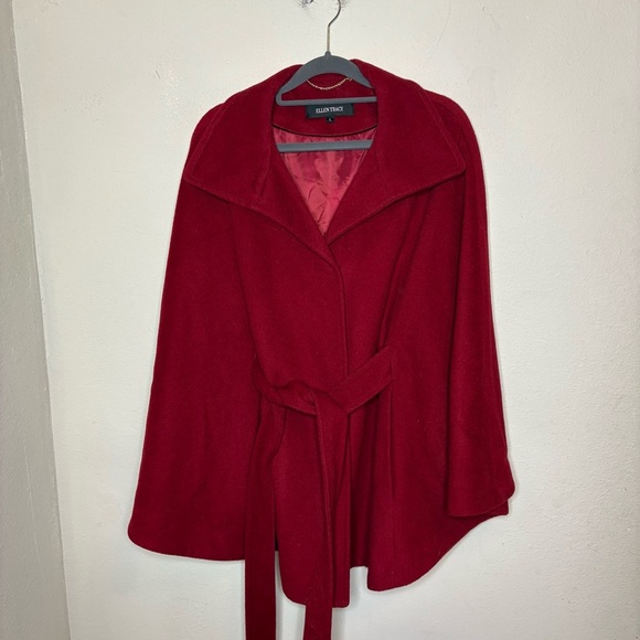 Ellen Tracy Red Wool Blend Cape with Wide Collar and Belt Size Large - Picture 1 of 8